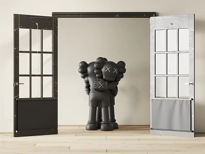 Open Double Doors With Black And Gray Glass Panels And Large Sculpture In Modern Interior 3d model