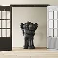 Open Double Doors With Black And Gray Glass Panels And Large Sculpture In Modern Interior
