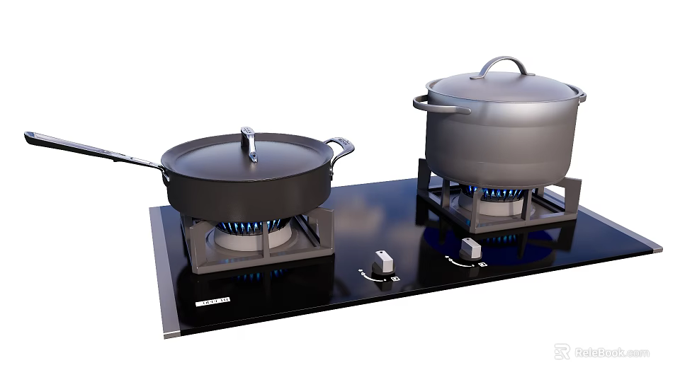 Modern Gas Stove Kitchen Appliance With Black Cooktop Blue Flame And Two Pans 3d model 