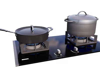 Modern Gas Stove Kitchen Appliance With Black Cooktop Blue Flame And Two Pans 3d model