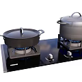 Modern Gas Stove Kitchen Appliance With Black Cooktop Blue Flame And Two Pans