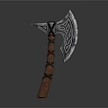 3D Model Axe With Wooden Handle And Metal Blade Carved Patterns
