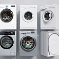 Various Modern Washing Machines with Different Front Load Designs and Control Panels