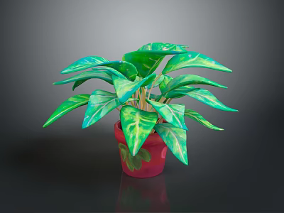 Vibrant Green Potted Plant With Light Green Leaves In Red Decorative Pot 3d model