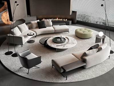 Modern Living Room Sofa Coffee Table Set With Circular Rug And Fireplace 3d model