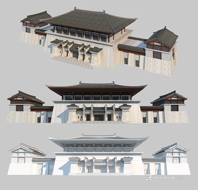 Ancient Architecture Featuring Multi Tiered Roofs Overhanging Eaves And Stone Walls 3d model