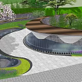 Landscape Wall In Garden With Circular Lawn Surrounding Green Trees Orange Foliage And Stone Pavement