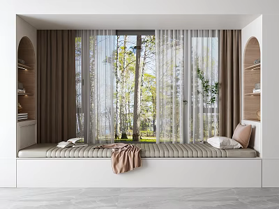 Modern Bay Window With Cozy Seating Curtains Green View And Wooden Shelves 3d model