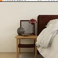 Wooden Bedside Table With Red Lamp Gray Vase And Picture Frame Next To Bed