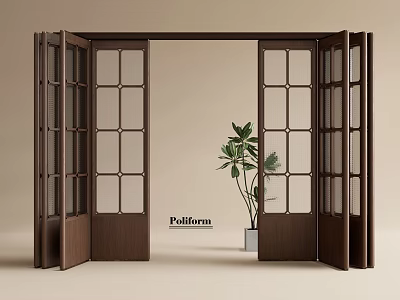 Wooden Folding Doors with Glass Grid Design and Potted Plant in Neutral Background 3d model