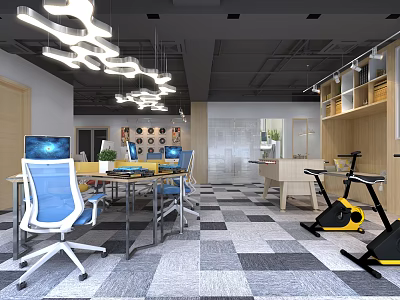 Modern Public Office Space With Workstations Blue Chairs Unique Pendant Lights And Fitness Equipment 3d model