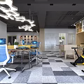 Modern Public Office Space With Workstations Blue Chairs Unique Pendant Lights And Fitness Equipment