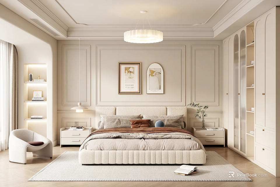 Modern Elegant Bedroom Interior With Paneled Walls Pendant Light Decorative Paintings And Cozy Bed 3d model 