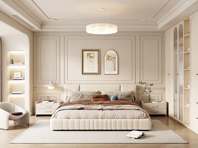 Modern Elegant Bedroom Interior With Paneled Walls Pendant Light Decorative Paintings And Cozy Bed 3d model