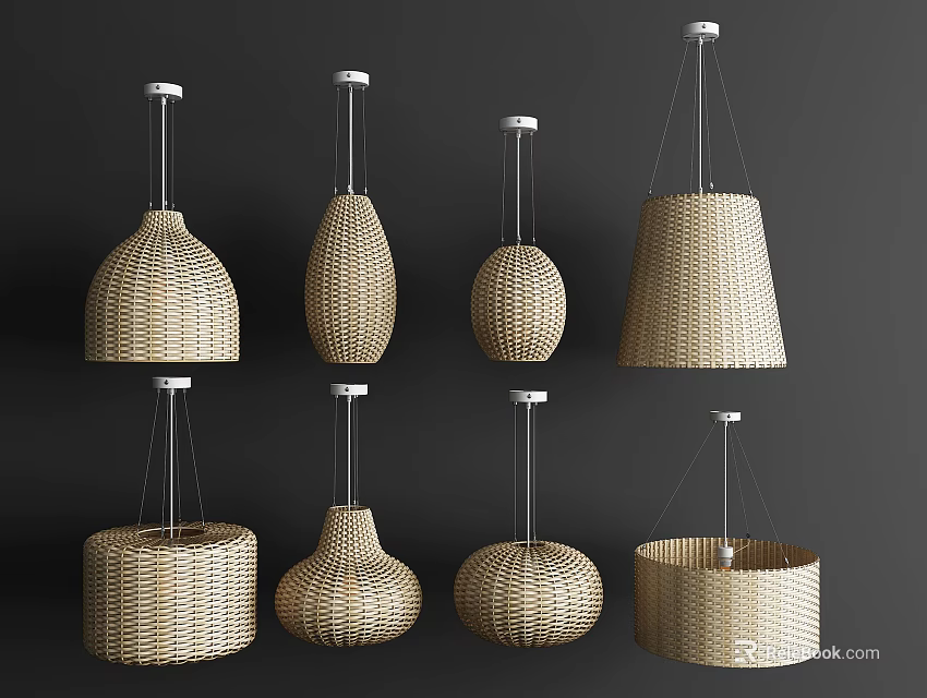 Woven Pendant Lights in Eight Different Styles Displayed on Dark Background 3d model