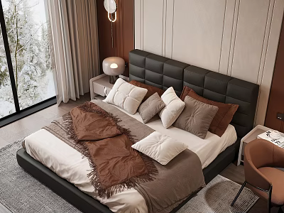 Modern Bedroom Interior Design With Dark Headboard Pillows Throw Blanket Window Curtains And Rug 3d model