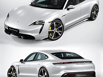 Porsche Taycan Silver Four Door Car With Sleek Design Black Wheels And Yellow Brake Calipers 3d model