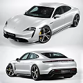 Porsche Taycan Silver Four Door Car With Sleek Design Black Wheels And Yellow Brake Calipers