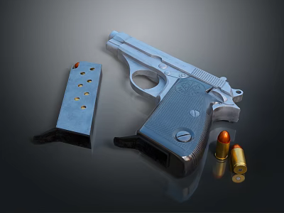 Semi Automatic Silver Pistol With Magazine And Bullets On Dark Surface 3d model