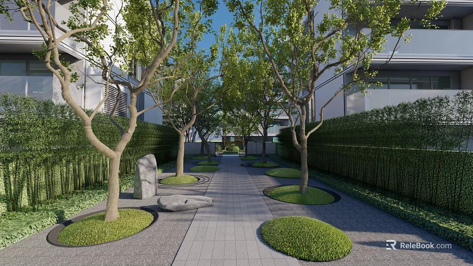 Serene Residential Landscape With Trees Hedges Stone Path And Circular Lawns 3d model 