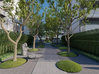 Serene Residential Landscape With Trees Hedges Stone Path And Circular Lawns 3d model