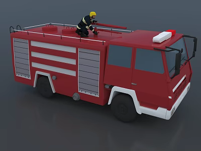 Red Fire Truck Firefighter With Yellow Helmet Working On Top Emergency Lights And Storage Compartments 3d model