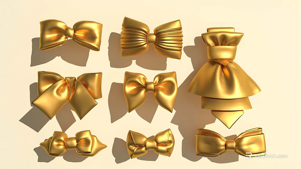 Shiny Golden Bows in Various Styles for Decorative Crafts and Gifts 3d model 