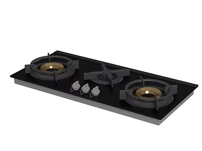 Modern Three Burner Gas Stove Kitchen Appliance With Black Glass Panel And White Knobs 3d model