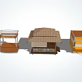 Different Food Vending Kiosks And Mobile Carts With Wooden Structures And Thatched Roofs