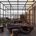 Modern Villa Balcony With Large Glass Walls Mountain View Bonsai Tree And Ceramic Bowls