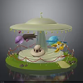 Whimsical Carousel Structure With White Canopy Colorful Decorations Pink Blue Rotating Elements And Green Grass