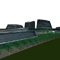 Modern Office Building Complex With Sleek Towers Landscaped Plaza And Greenery