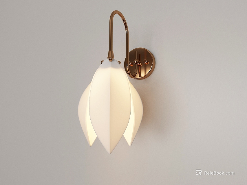 Modern Brass Wall Lamp With White Petal Shaped Lampshade Mounted On Wall 3d model 