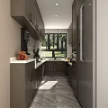 Modern Kitchen Interior With Dark Cabinets Marble Backsplash Appliances And Natural Light