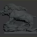 Realistic Wild Boar Sculpture 3D Model With Textured Rock Base Stand 3d model