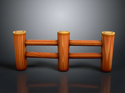 Wooden Outdoor Garden Fence With Cylindrical Posts And Horizontal Rails 3d model