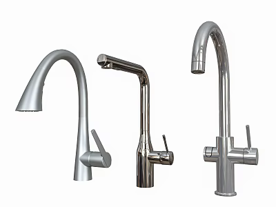 Three Modern Stainless Steel Faucets with Sleek Curved Design and Chrome Finish 3d model