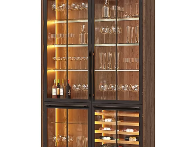 Elegant Wooden Wine Cabinet With Glass Doors Illuminated Shelves Wine Glasses And Racks 3d model