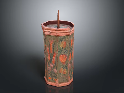 Antique Decorative Octagonal Container With Colorful Floral Patterns And Wooden Stick 3d model