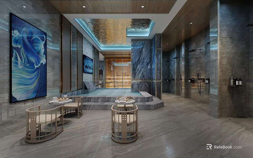 Luxurious SPA Sauna Interior Design With Marble Walls Wooden Ceiling And Relaxation Seating 3d model 