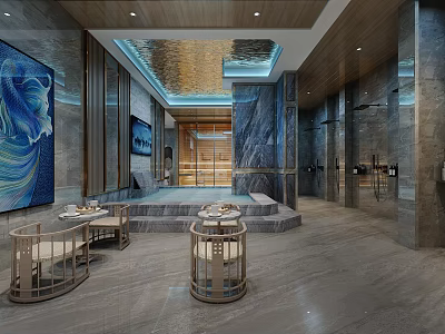 Luxurious SPA Sauna Interior Design With Marble Walls Wooden Ceiling And Relaxation Seating 3d model