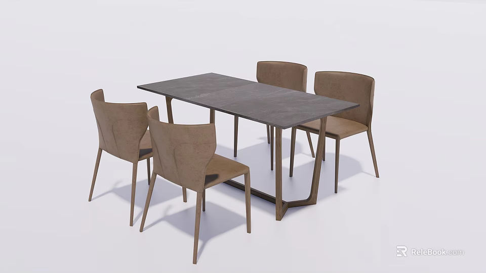 Modern Dining Table Set With Four Brown Chairs And Rectangular Minimalist Design 3d model