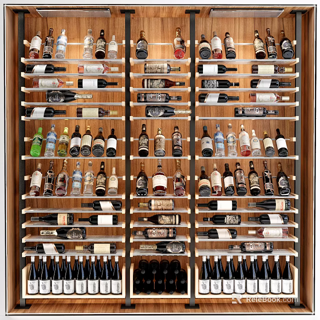 Stylish Wine Cabinet With Neatly Arranged Various Wine Bottles And Glasses 3d model 