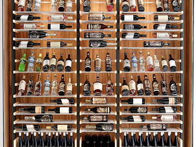 Stylish Wine Cabinet With Neatly Arranged Various Wine Bottles And Glasses 3d model