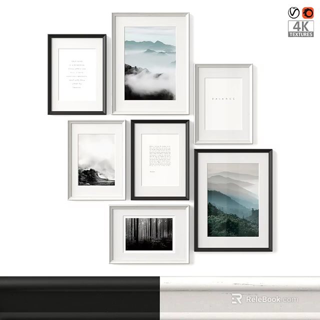 Modern Picture Frames With Black White Borders Mountain Forest Prints Text Art Wall Collage 3d model 