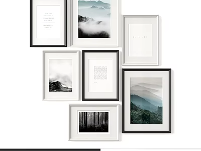 Modern Picture Frames With Black White Borders Mountain Forest Prints Text Art Wall Collage 3d model