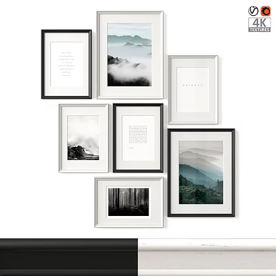 Modern Picture Frames With Black White Borders Mountain Forest Prints Text Art Wall Collage 3d model