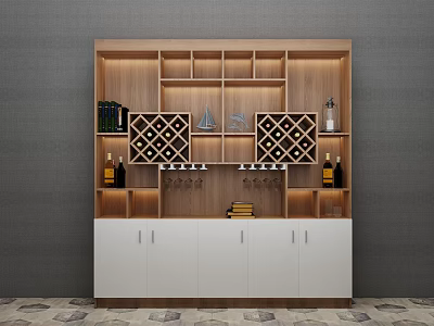 Modern Wooden Wine Cabinet With Diamond Wine Racks Wine Glass Holders And Decorative Items 3d model