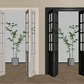 Open White and Black Folding Doors with Indoor Potted Plant and Wooden Floor