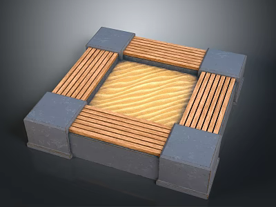 Outdoor Scene Structure With Gray Concrete Blocks Wooden Benches And Sand Center 3d model